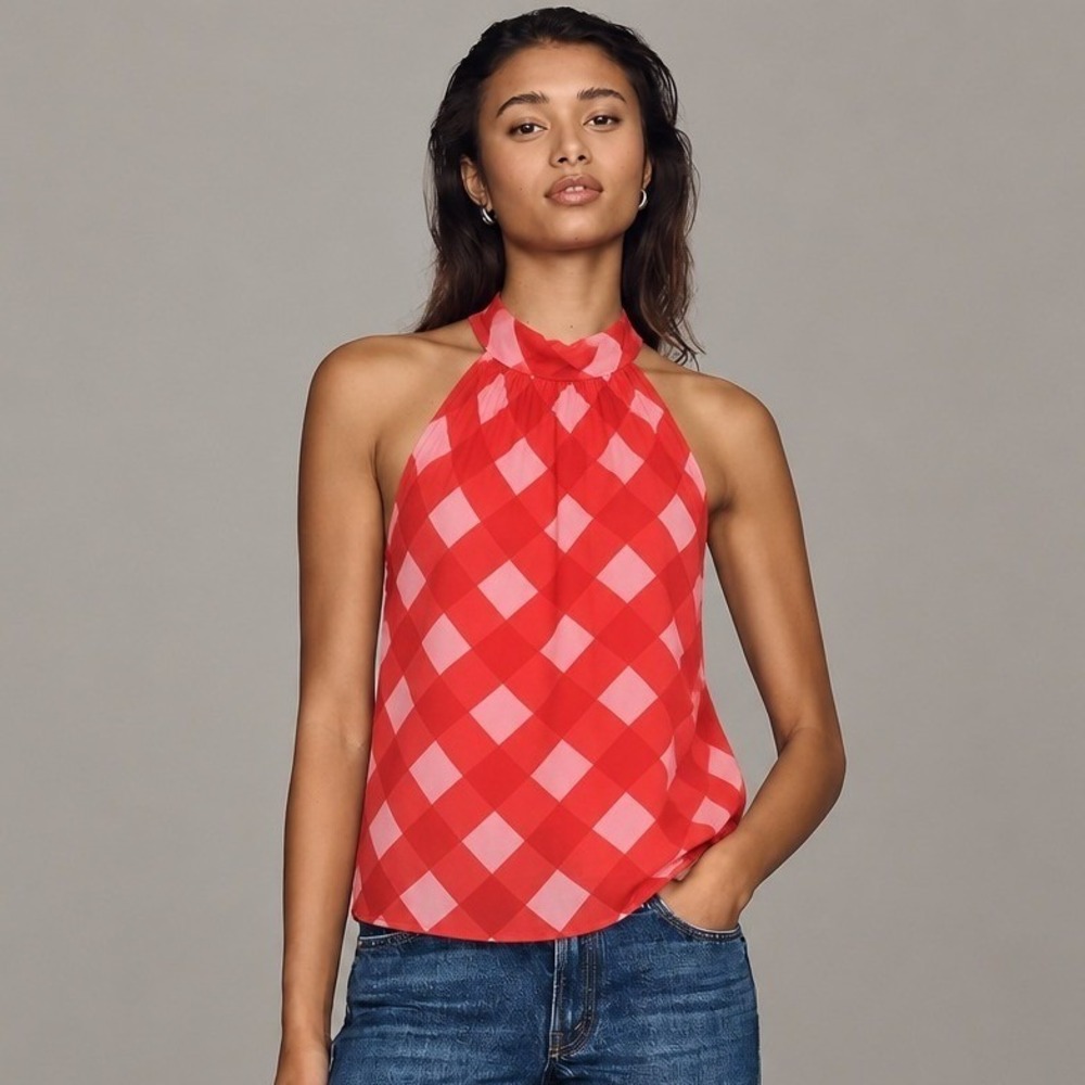 J.Crew Womens Red Pink Gingham Halter Tie Neck Sleeveless Top AP124 Size 16 NWT